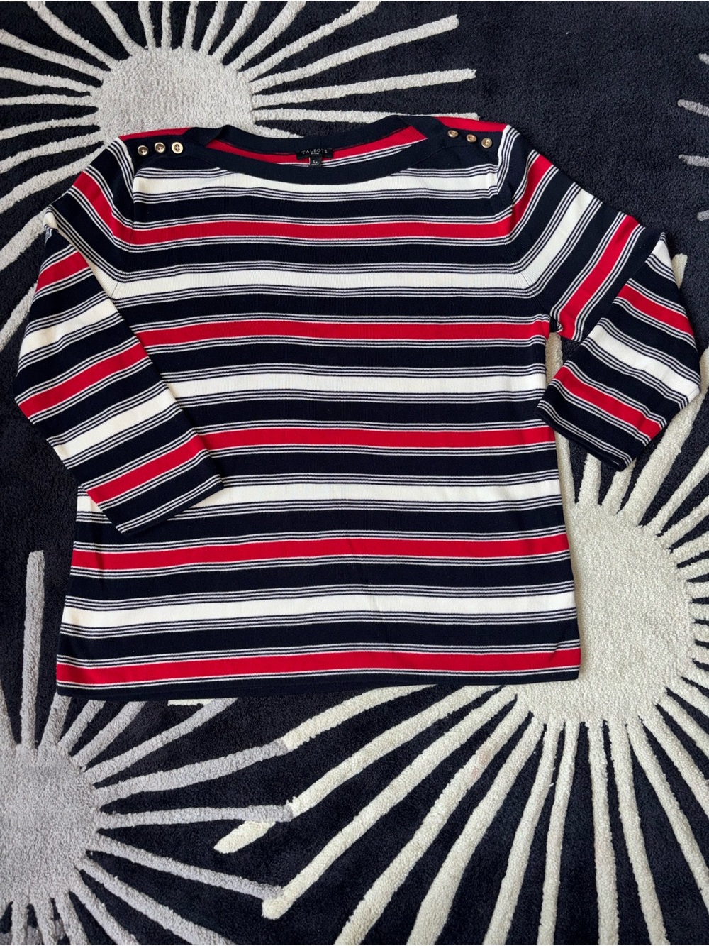 Talbots Navy, Red & White Striped 3/4 Sleeve Top with Shoulder Buttons